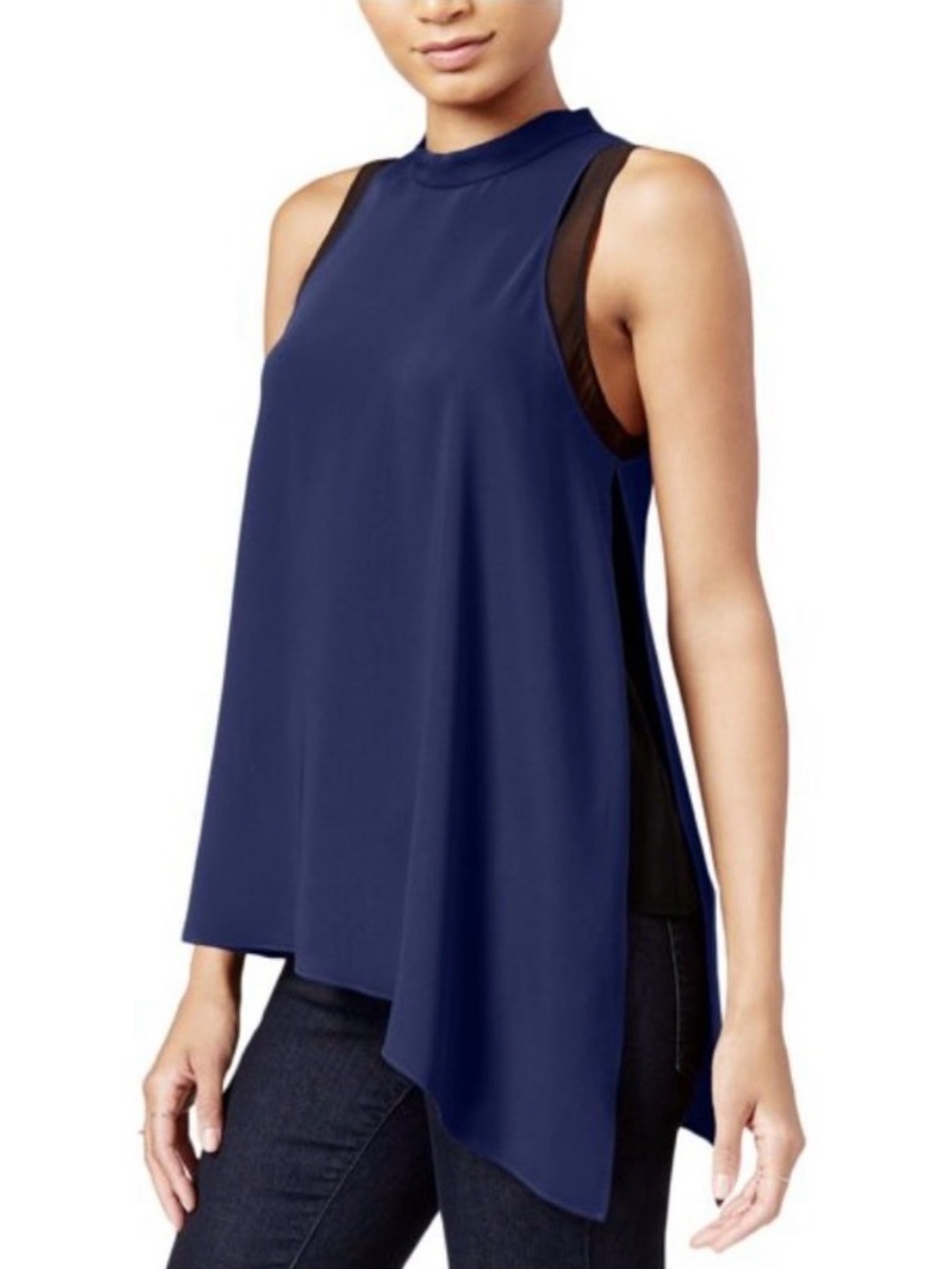 RACHEL Rachel Roy Navy Sleeveless High-Neck Asymmetric Tank Small